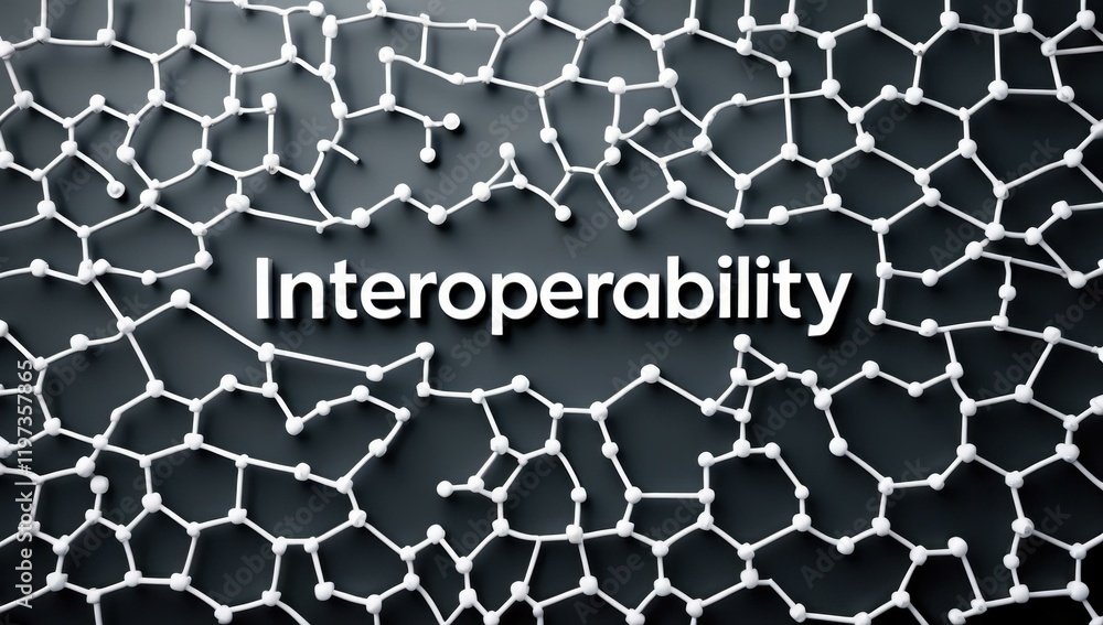 Aufkleber interoperability text title in center and connection collaborate integrate unify join mesh in charco