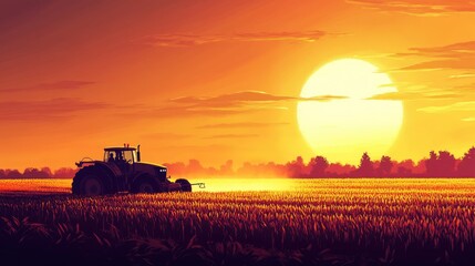 Fototapeta premium Sunset Harvest: A Tractor in a Golden Field