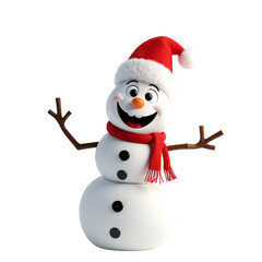 cheerful snowman in a santa hat and red scarf stands against a white background