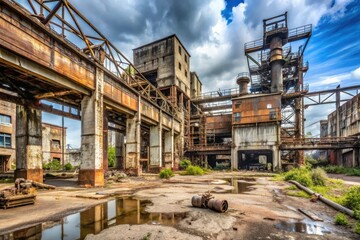 Abandoned industrial site with rusty machinery and crumbling concrete, decay, factory
