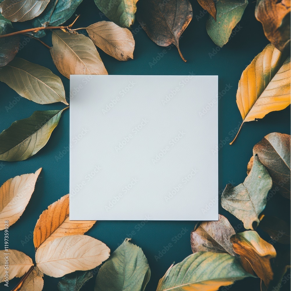 Leinwandbilder simple mock up space with blank square surrounded by autumn leaves on a dark background. generative 