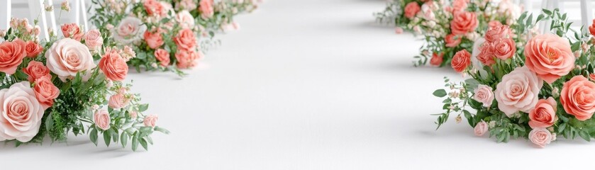 Elegant Wedding Aisle Decor Cascading Coral and Peach Roses, Symbolizing Romance and Commitment A breathtaking display of floral artistry, these meticulously arranged roses create a path to forever