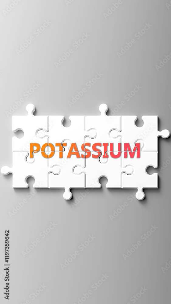 Poster potassium complex like a puzzle - pictured as word potassium on a puzzle pieces to show that potassi