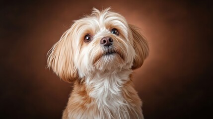 Naklejka premium Adorable Long Haired Small Dog Sitting Gracefully Against a Warm Brown Background Exuding Playful Charm and Inviting Cuddly Companionship for All