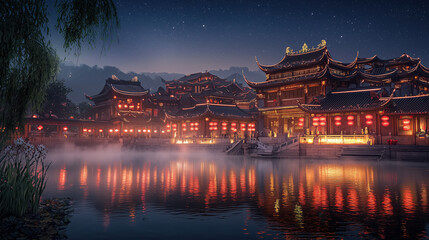 Obraz premium Traditional Chinese Night Scene for Lunar New Year
