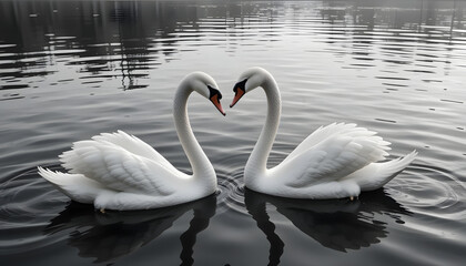 Naklejka premium Two swans forming heart shape on water