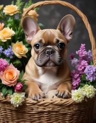 Fototapeta premium Adorable French Bulldog puppy snuggled in a basket of flowers , cute, pet, french bulldog