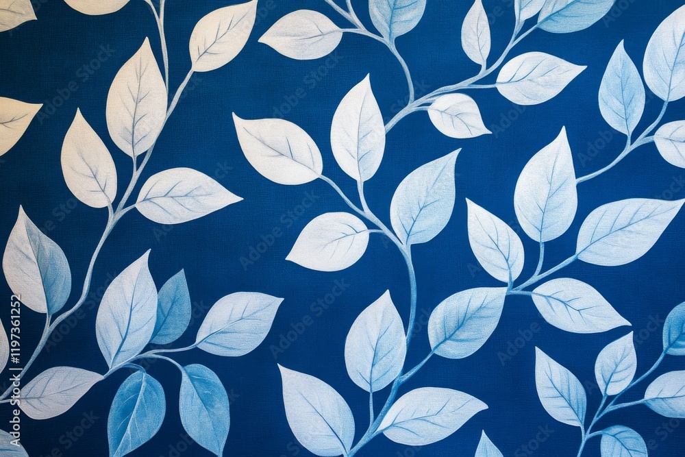 Aufkleber blue background with delicate white and light blue leaf patterns creating a calming atmosphere