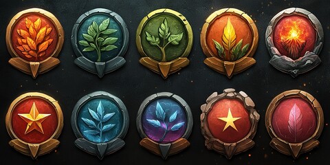 Colorful set of achievement badges representing nature and magic themes in a fantasy game