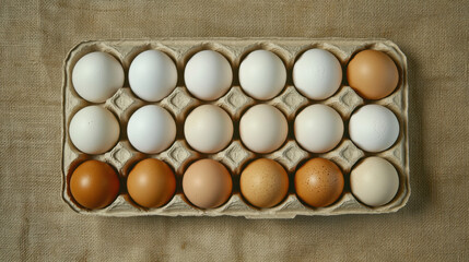 Fresh Eggs arranged in a carton on a rustic background showcasing various sizes and colors with a focus on natural farm produce and organic ingredients