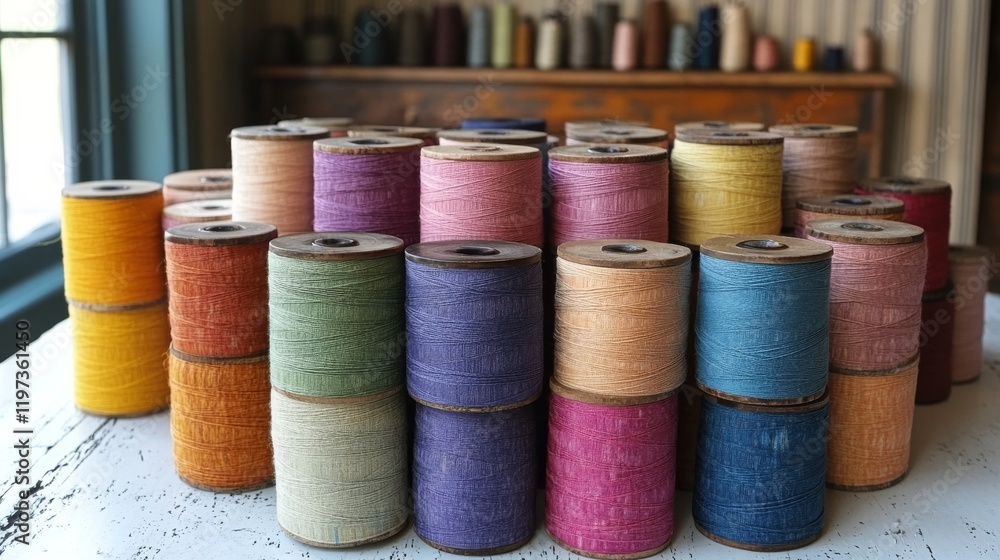 Poster colorful spools of thread arranged neatly on a table in a craft studio with flowers in the backgroun