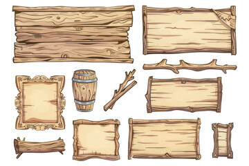 Various wooden signs and frames feature intricate designs and a charming rustic aesthetic, ideal for crafting, decoration, or themed events. Perfect for artistic inspiration