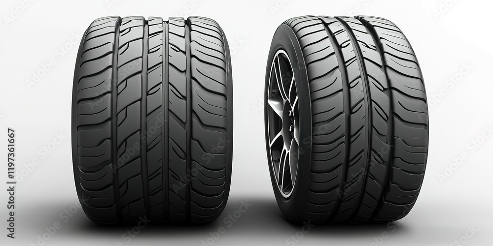 Poster comparison of two different tire types showcasing tread designs and performance characteristics for 