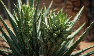 Fototapeta premium aloe vera leaves and wild dwarf cactus stems intertwined, wild dwarf cactus stems, plant companionship, desert landscape
