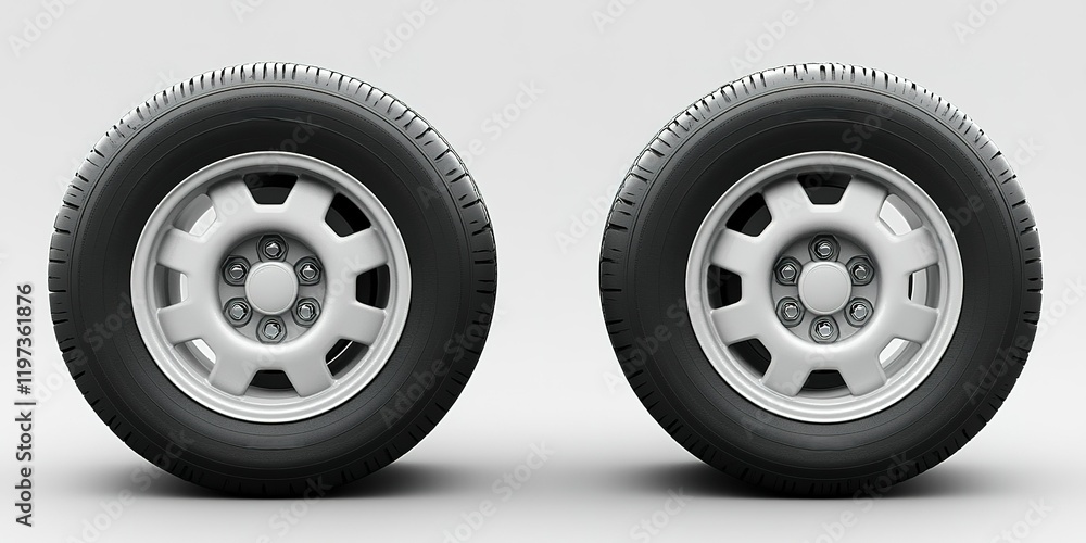 Poster set of two white alloy wheels with tires displayed on a neutral background, showcasing distinctive d