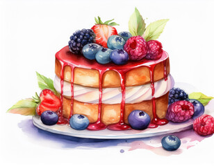 sweet dessert with berries on top isolated on white watercolor illustration
