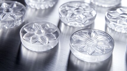 Translucent polymer discs in close-up, revealing intricate surface details and glossy reflections under sharp laboratory lighting, arranged on a metallic surface.