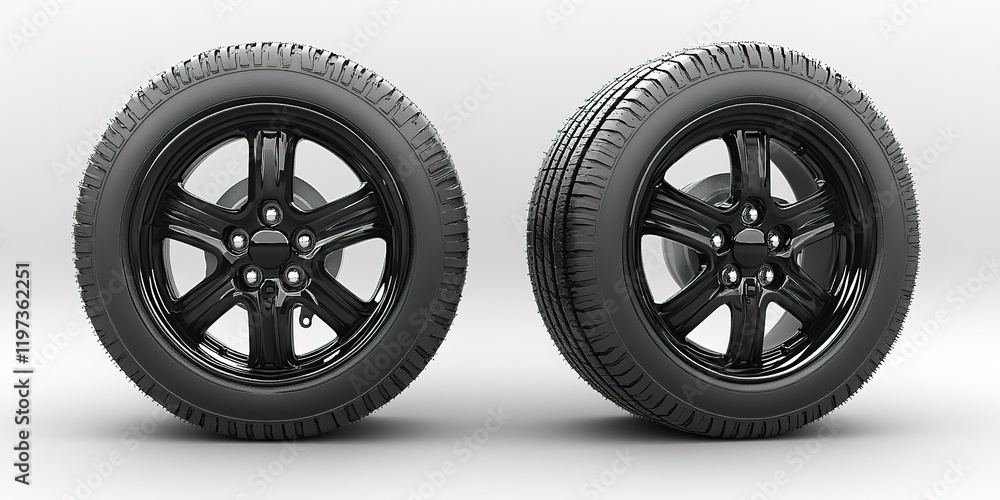 Poster showcasing two black alloy wheels with tires in a well-lit studio setting emphasizing their design a