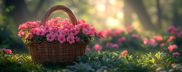 Pink flowers basket, sunrise forest