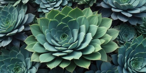 An artistic composition of overlapping succulent shapes in shades of blue and green, succulents, plant