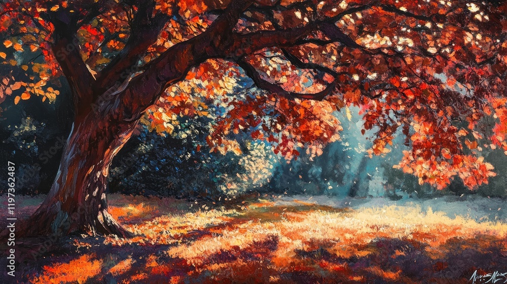 Poster bright light filtering through fiery autumn leaves of a tree, creating a stunning play of shadows an