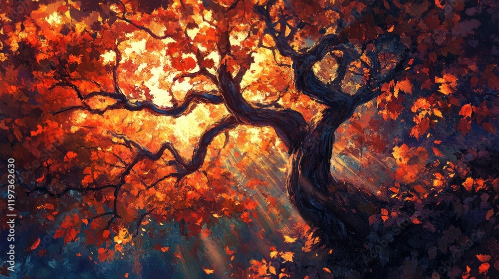 Poster bright light filtering through fiery autumn leaves of a tree, creating a stunning play of shadows an