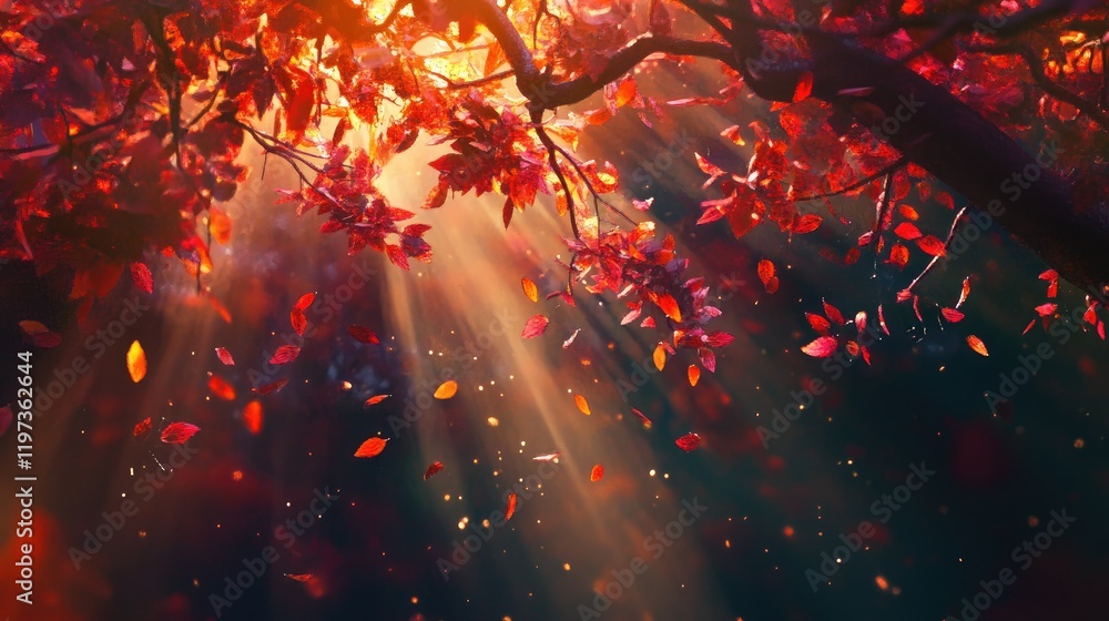 Poster bright light filtering through fiery autumn leaves of a tree, creating a stunning play of shadows an