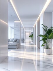 Obraz premium White interior with long corridor in modern space 3D Render
