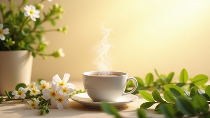 Elegant porcelain cup of hot tea with saucer on a light background.Sprigs of lavender, spring plants and flowers give the scene natural beauty and fragrance.