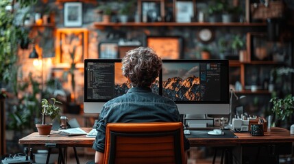 Obraz premium Person working from home at a desk with dual monitors, surrounded by plants and art.