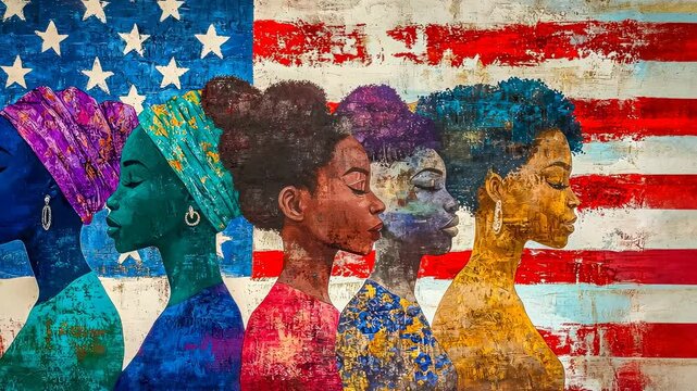 Women depicted patriotic backdrop.Artistic representation diversity America.Multicolored profiles convey individuality,unity.Art blends national symbols.Cultural heritage reflected modern.and