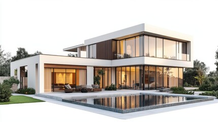 3d rendering of modern house by the river house, luxury, villa, modern, architecture, building, exterior, residential, property, designer