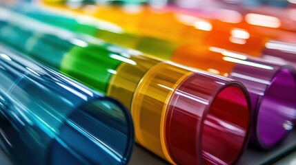Rows of colorful polymer samples, their glossy surfaces reflecting laboratory light, displayed in close-up, with sharp details revealing their smooth, precise textures.