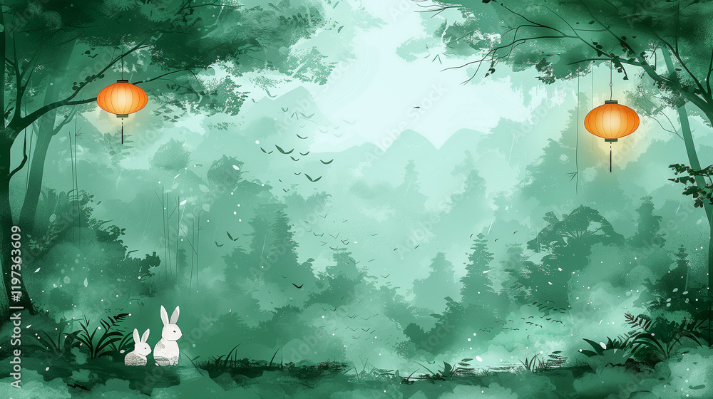 Poster enchanted forest with lanterns and rabbits..