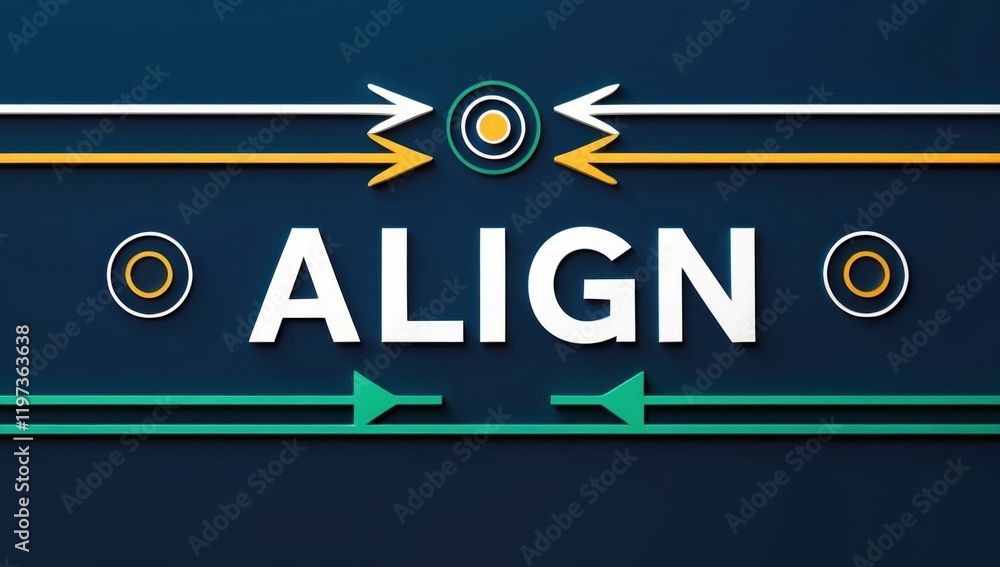 Aufkleber align text title in center and arrow target path line level sync in navy emerald white colors