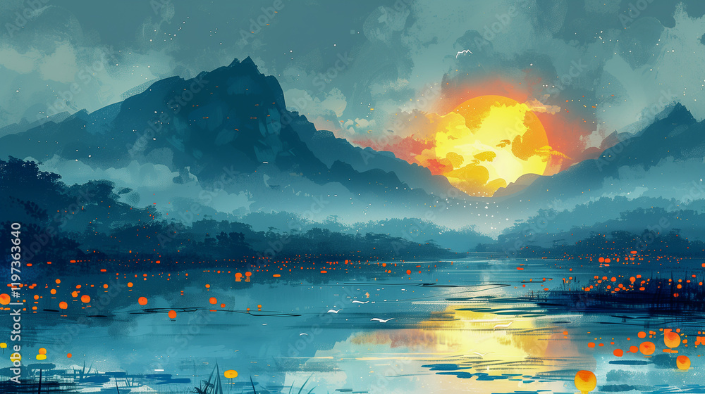 Poster sunset over tranquil lake with floating lanterns..
