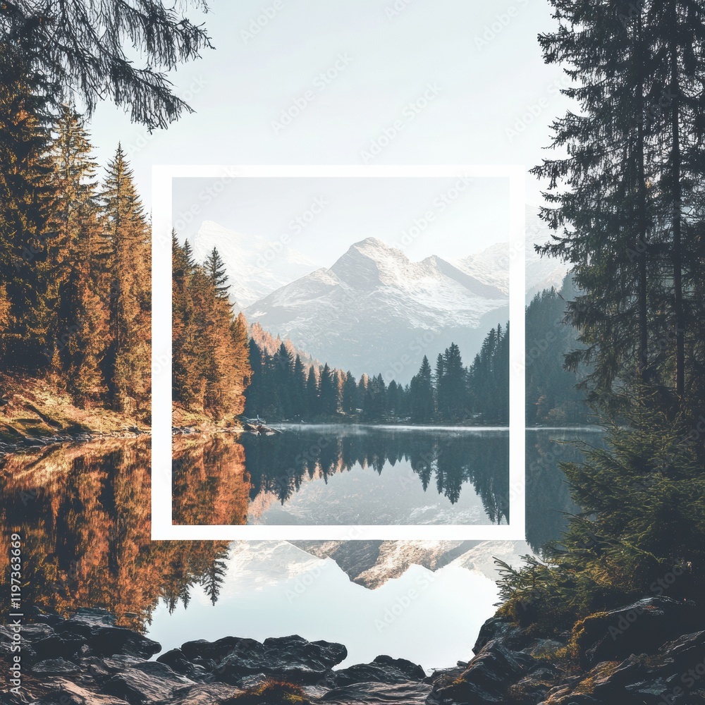 Aufkleber Lakeside landscape with mountains and trees creating an empty space for text. Generative AI