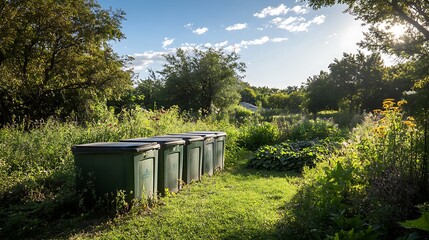 Green compost bins sit in a vibrant garden setting
