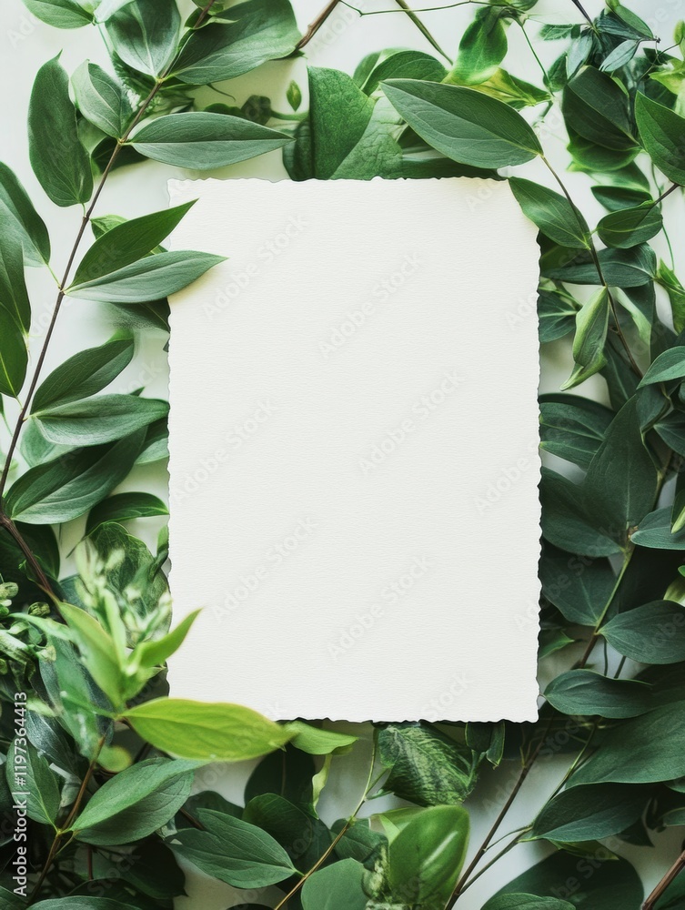 Poster blank paper surrounded by various green leaves creating space for creative text ideas and designs. g