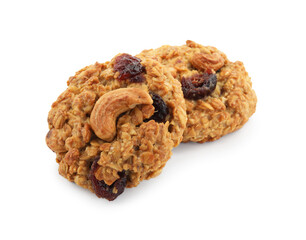 Delicious oatmeal cookies with dried cranberries and nuts isolated on white