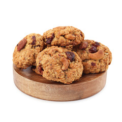 Delicious oatmeal cookies with dried cranberries and nuts isolated on white