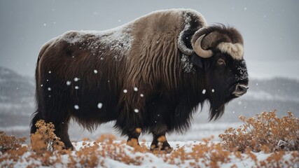 A majestic musk ox stands in a snowy landscape, embodying the beauty of nature.