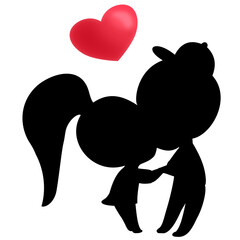 A black silhouette graphic of a cartoon boy and girl holding hands and kissing each other, with a red heart symbol on top, conveying love and showing romance.