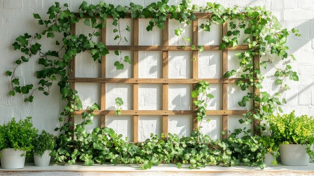 Wooden trellis adorned with green ivy against a white wall in a tranquil indoor setting