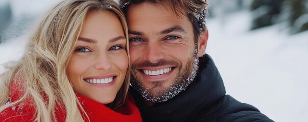 Valentine's Day Affectionate Embrace A romantic snow-filled backdrop where a couple shares an affectionate hug, wrapped in matching red scarves Perfect for romantic winter getaways, snowy Valentine's