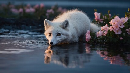 Naklejka premium A serene arctic fox wading through water surrounded by pink flowers at sunset.
