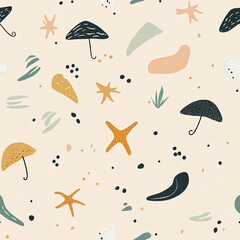 Minimalist beach pattern with starfish, shells, and umbrellas texture