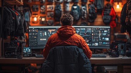 Man editing video on dual monitors in home studio.