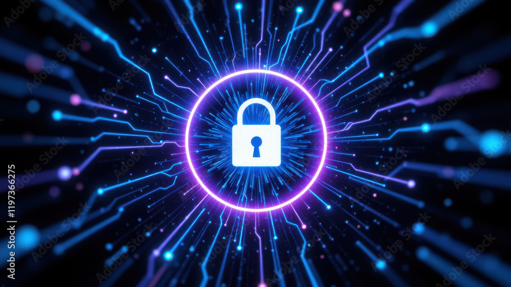 Poster high-tech digital lock symbolizing internet security and cybersecurity.