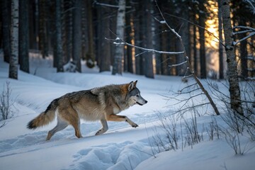 Naklejka premium A timber wolf's bushy tail blends seamlessly into the snow as it runs effortlessly through the forest in search of prey, fur texture, forest ecosystem, forest landscape, animal behavior, predator